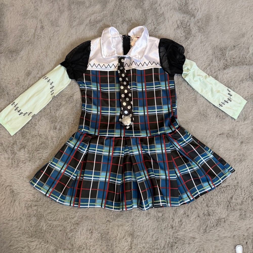 Frankie Stein Monster High Youth Dress Long Sleeves Plaid Tie Logo Halloween Med